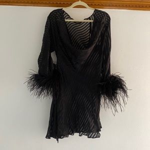 Dana Foley Black Sheer Stripe Feather Mini Dress